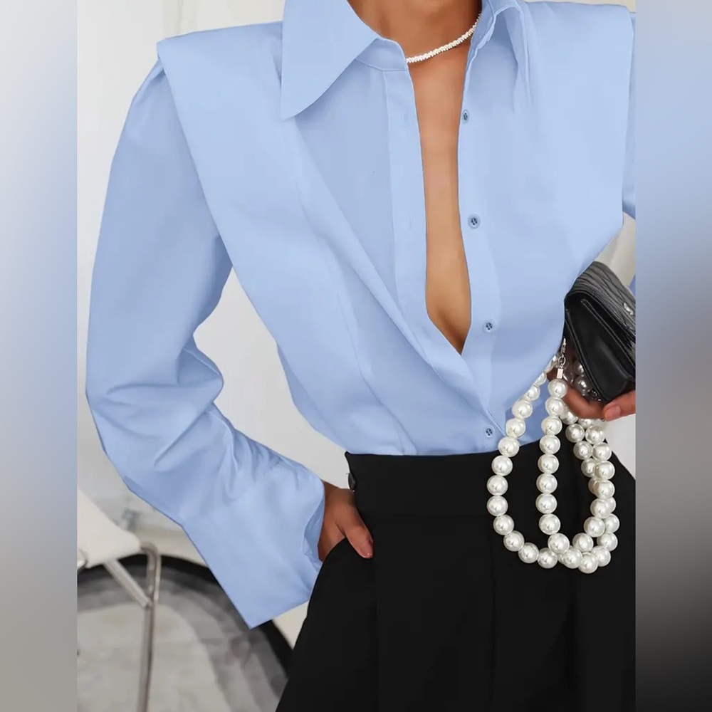Black Elegant Solid Button Front Shirt - Flattering Lapel - Picture 6 of 8